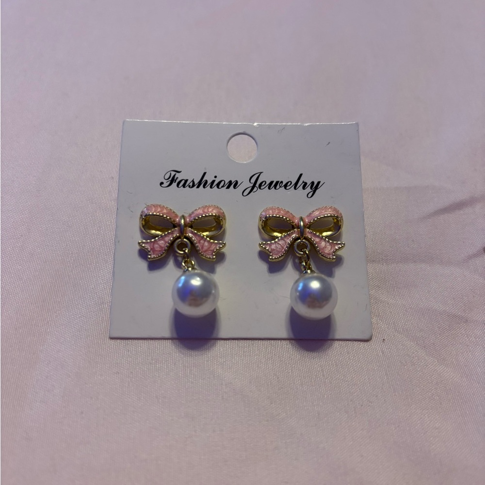 Fashion Jewelry Pink and Gold Bow Earrings